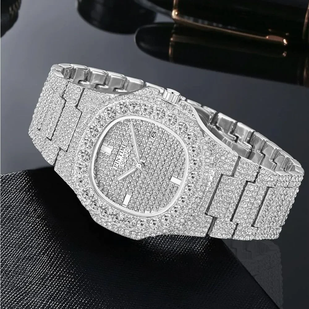 VVS Bustdown Iced Out Unisex Steel Luxury Simulated Diamond Watch Hip Hop